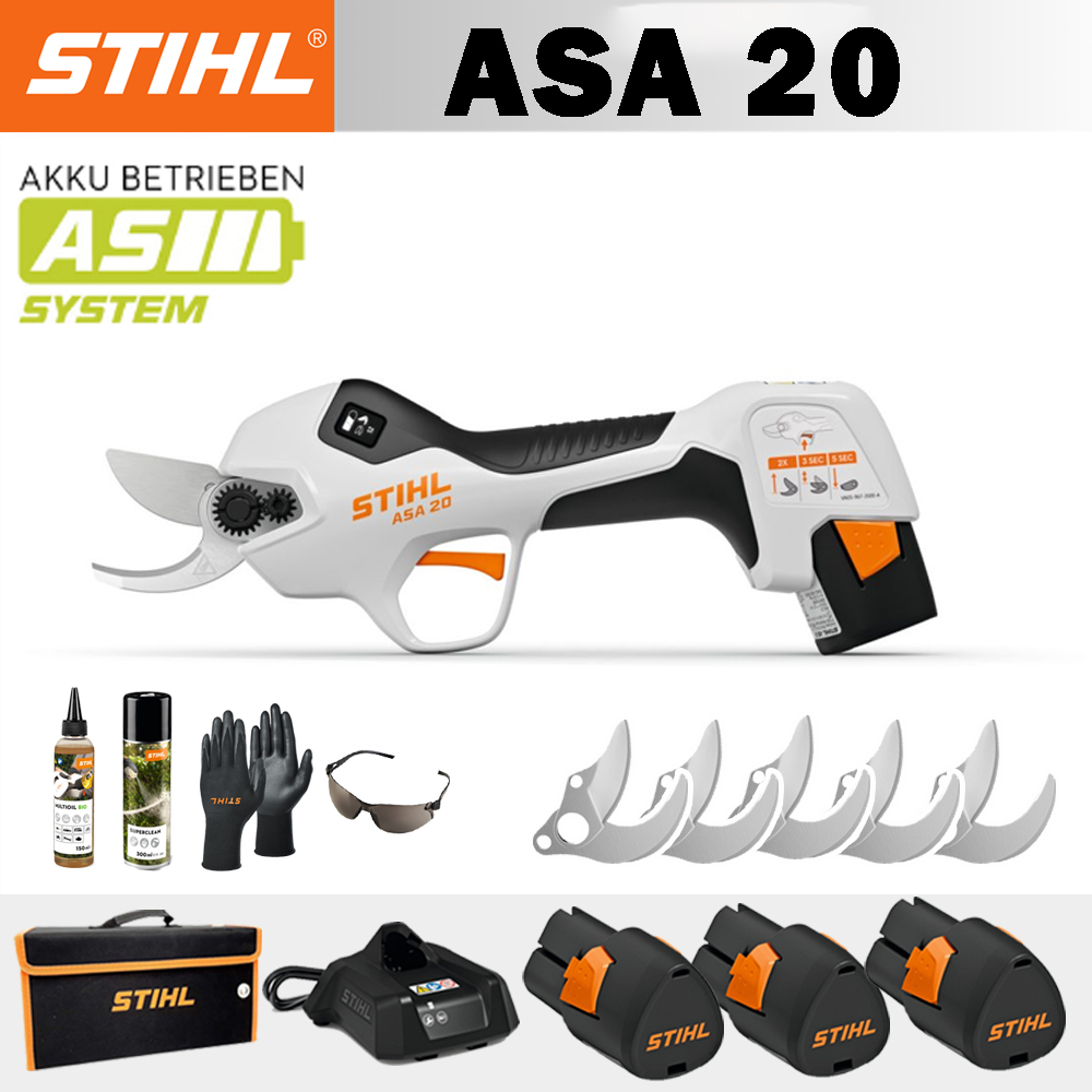 【STIHL】 ASA20*1, lítium akkumulátor*3, tárolódoboz*1, vágófej*5, töltő*1