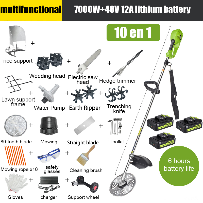 【10 em 1】7000W, bateria de lítio 48V 12A * 3, duração da bateria 6 horas, cabeça de serra elétrica, faca de trincheira, faca de trincheira, bomba de água, lâmina de 80 dentes, cabeça de aparador, corda de corte * 10, lâmina reta, roda de suporte, estrutura de suporte de grama, estrutura de arroz, aparador de sebes, cabeça de capina, conjunto completo de acessórios